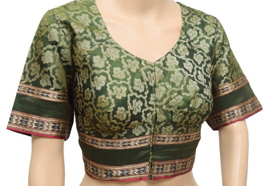 Sushila Vintage 40"Green Stitched Sari Blouse Silk Floral Woven Designer Choli