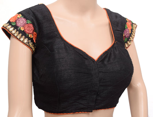 Sushila Vintage Stitched Black Padded Sari Blouse Patch Work Designer Silk Choli 38"