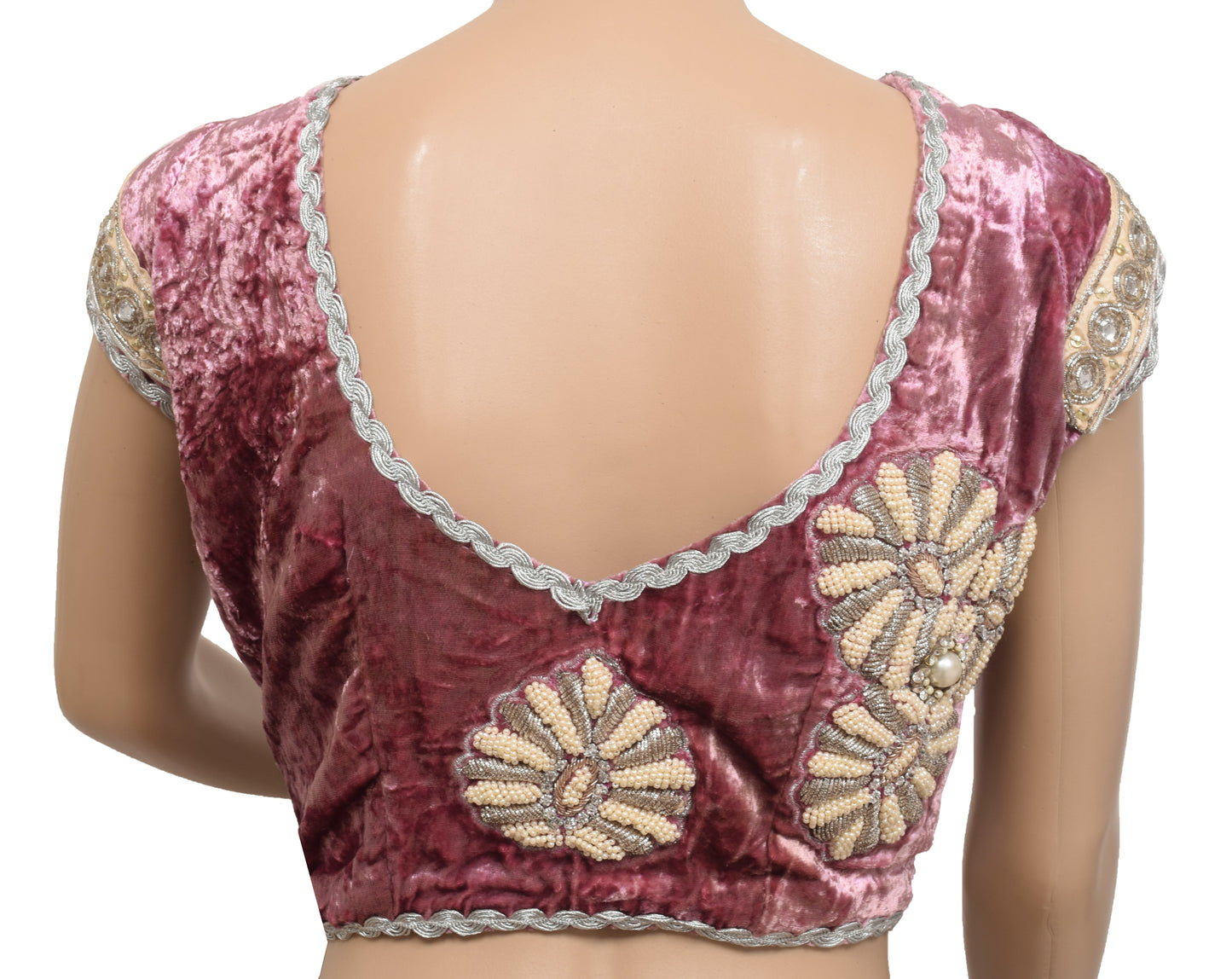 Sushila Vintage Mauve Velvet Stitched Padded Sari Blouse Floral Designer Choli