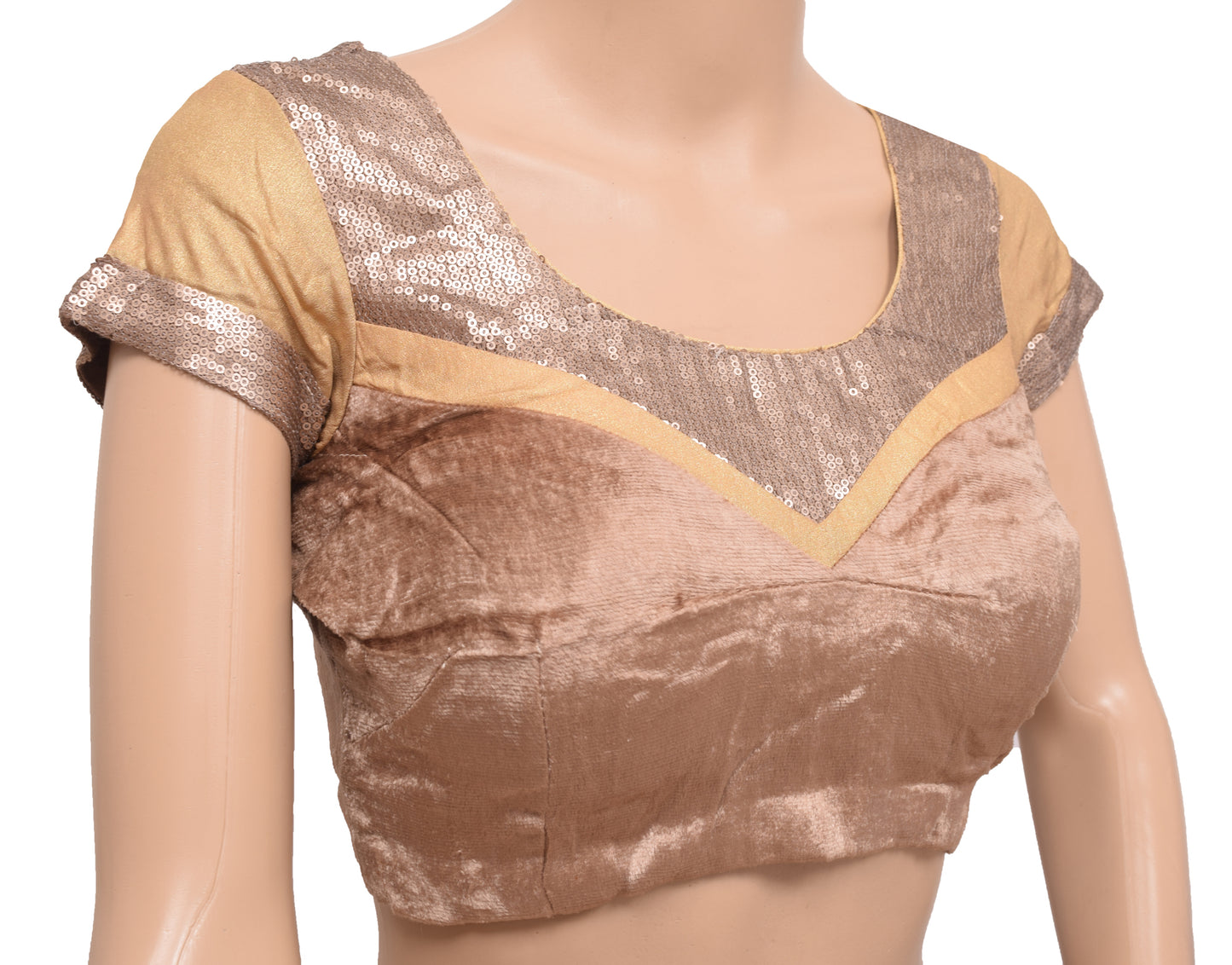 Vintage Stitched Brown Patch Work Velvet Sari Blouse Woven Designer Padded Top
