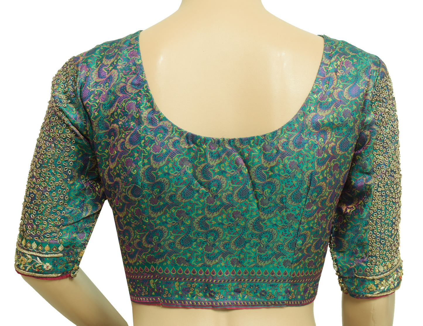 Vintage Stitched Banarasi Sari Blouse Hand Beaded Designer Green Satin Silk Top