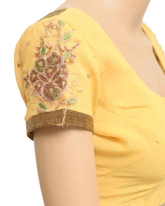 Sushila Vintage Yellow Floral Stitched Sari Blouse Georgette Sequins Beaded Top 32"