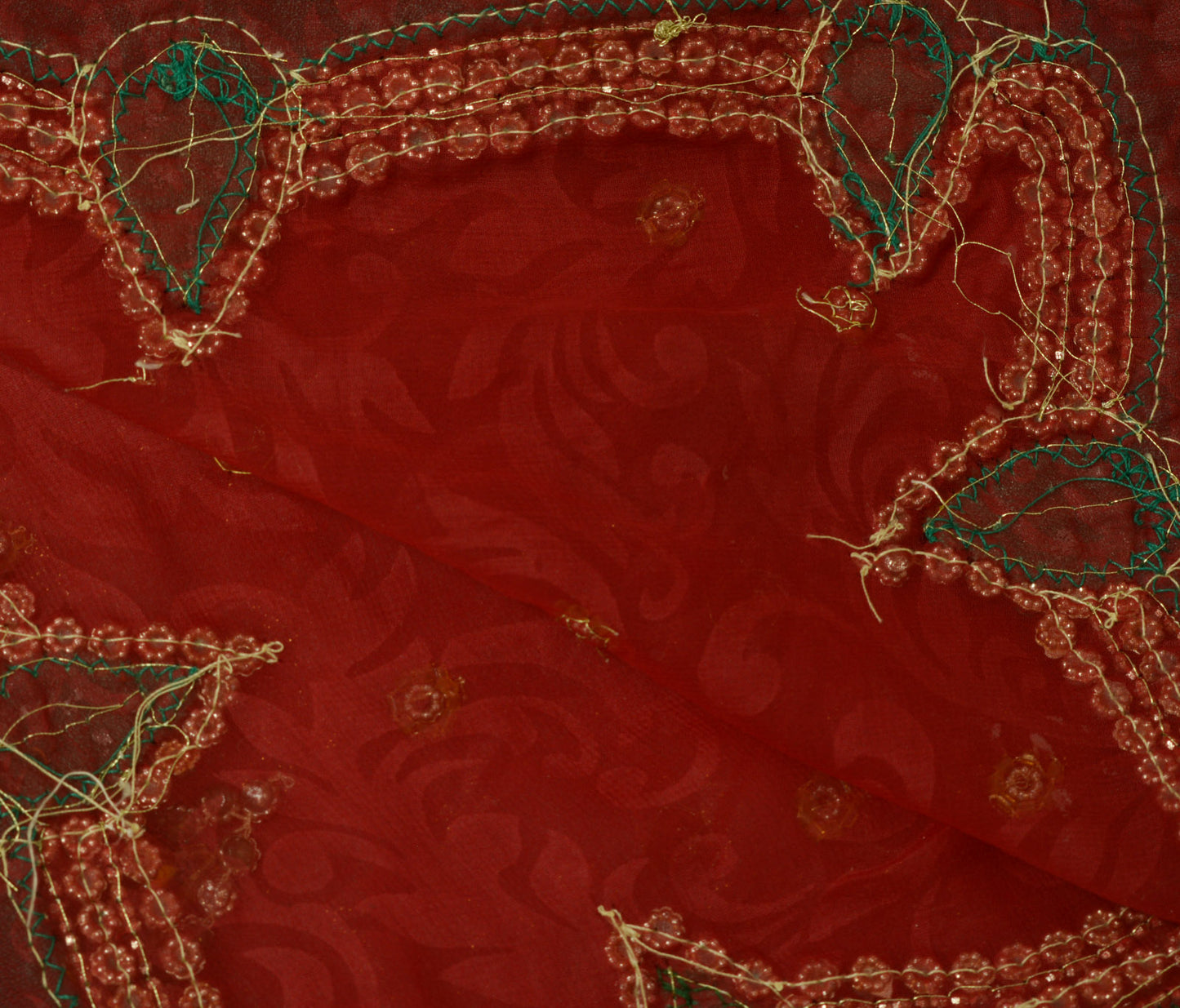 Sushila Vintage HEAVY Maroon Dupatta Blend Georgette Silk Hand Beaded Long Stole