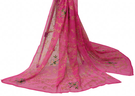Sushila Vintage Pink Dupatta Sequins Embroidery Pure Chiffon Silk Long Stole