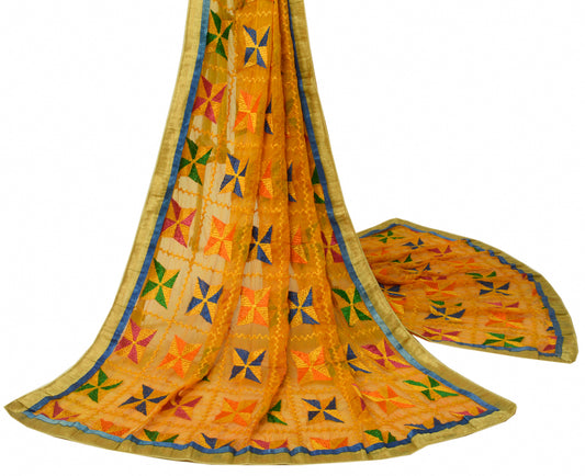 Sushila Vintage Yellow Dupatta Chiffon Embroidered Phulkaari Long Stole Scarves