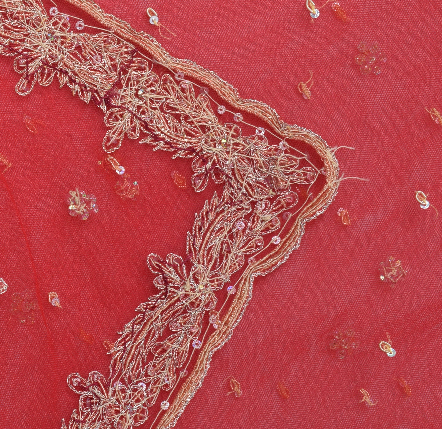 Sushila Vintage Red Dupatta Net Hand Beaded Zardozi Work Indian Long Stole Veil