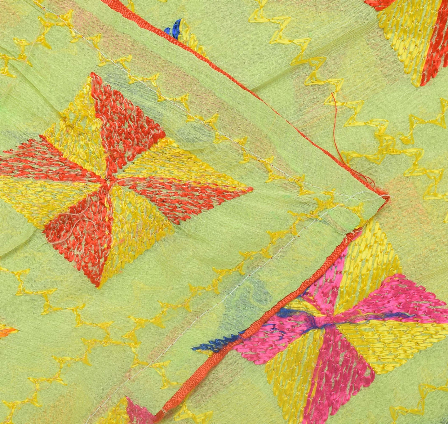 Sushila Vintage Green Dupatta Blend Chiffon Silk Embroidered Phulkari Long Stole