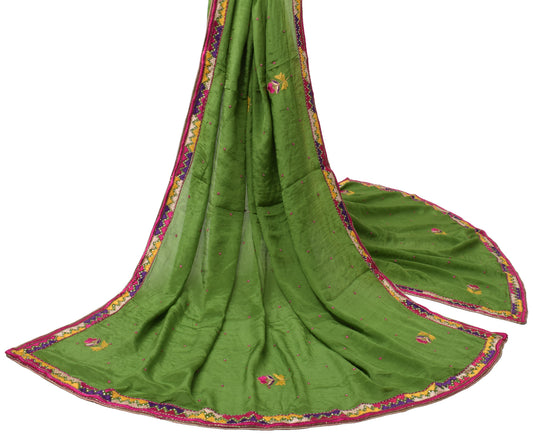 Sushila Vintage Green Dupatta Pure Chiffon Silk Hand Beaded Long Wrap Scarves