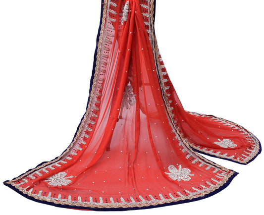 Sushila Vintage Red Dupatta Pure Chiffon Silk Beaded Long Wrap Scarves