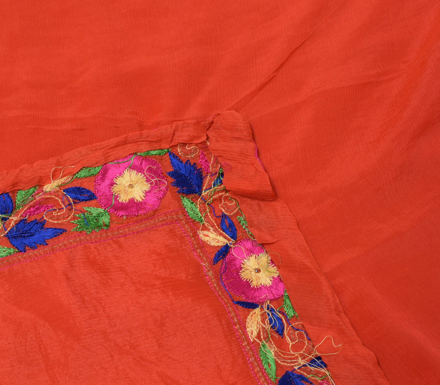 Sushila Vintage Dark Orange Dupatta Pure Chiffon Silk Embroidered Long Stole