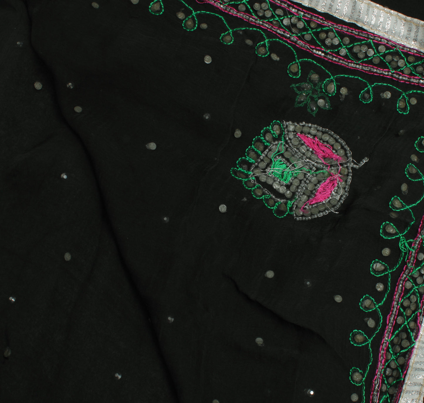 Sushila Vintage Black Indian Dupatta Pure Chiffon Silk Embroidered Long Stole