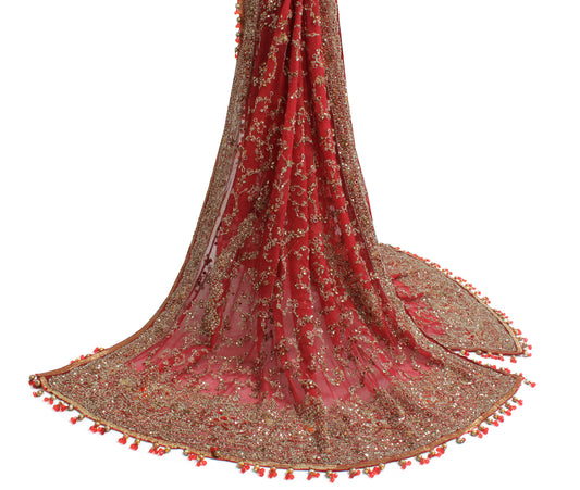 Sushila Vintage Red Indian Heavy Dupatta Net Mesh Hand Beaded Long Stole Scarves