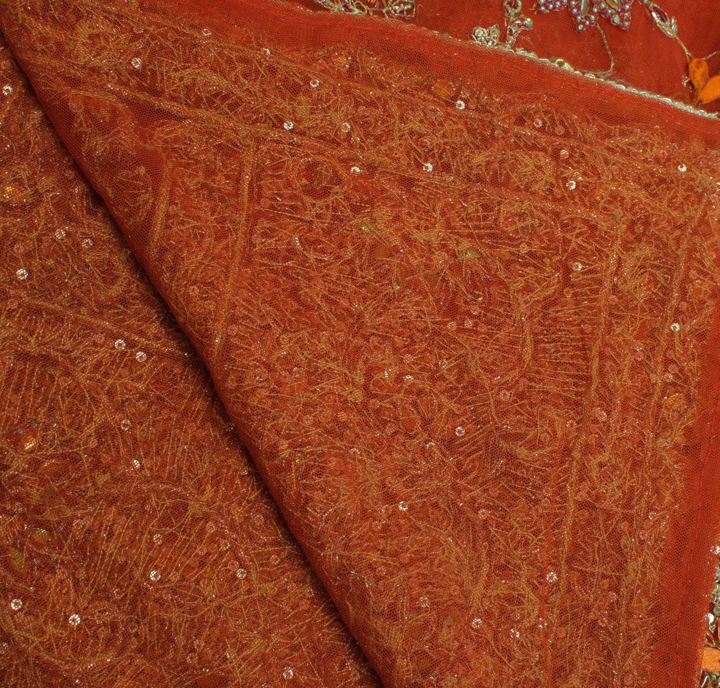 Sushila Vintage Brown Indian Heavy Dupatta Net Mesh Hand Beaded Long Stole Veil