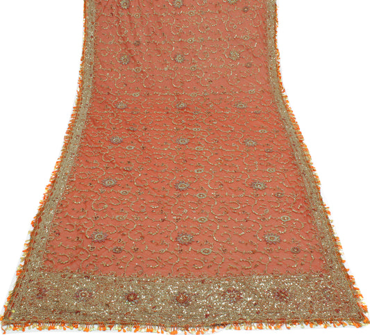 Sushila Vintage Brown Indian Heavy Dupatta Net Mesh Hand Beaded Long Stole Veil