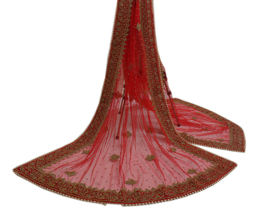 Sushila Vintage Red Indian Heavy Dupatta Net Mesh Embroidered Long Stole Scarves