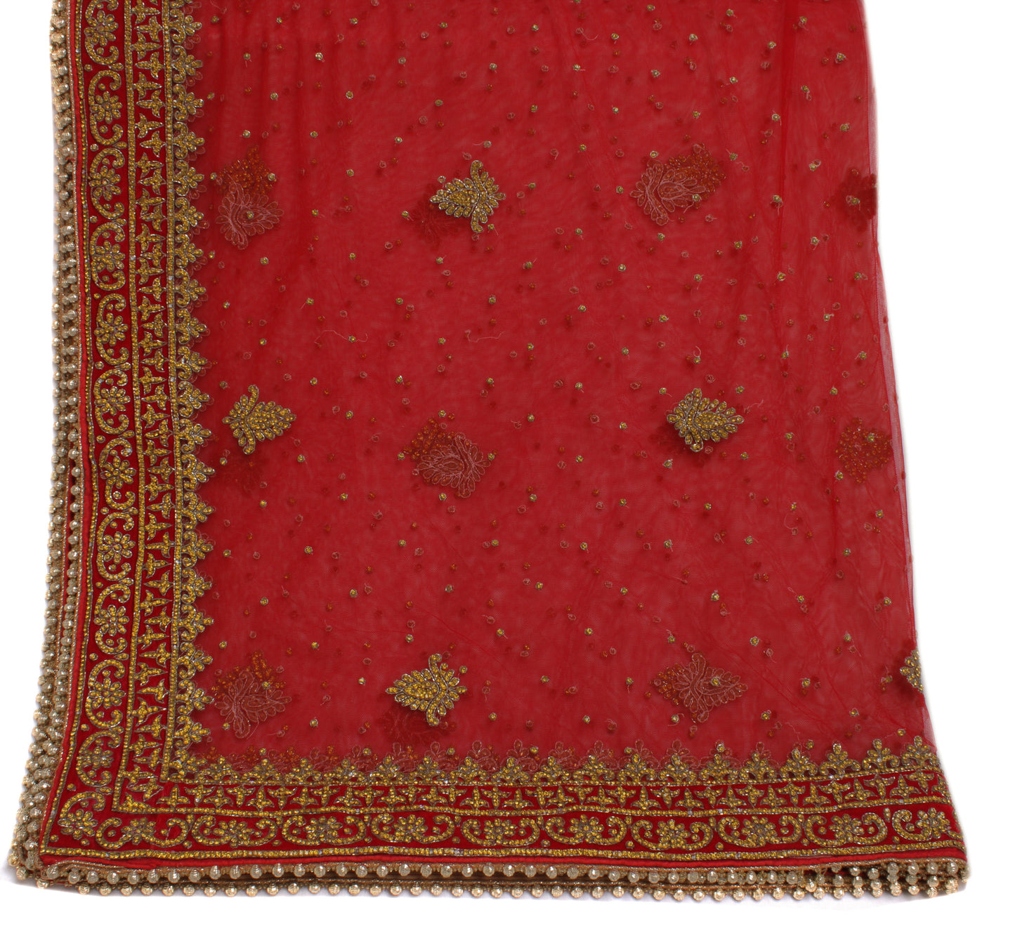Sushila Vintage Red Indian Heavy Dupatta Net Mesh Embroidered Long Stole Scarves