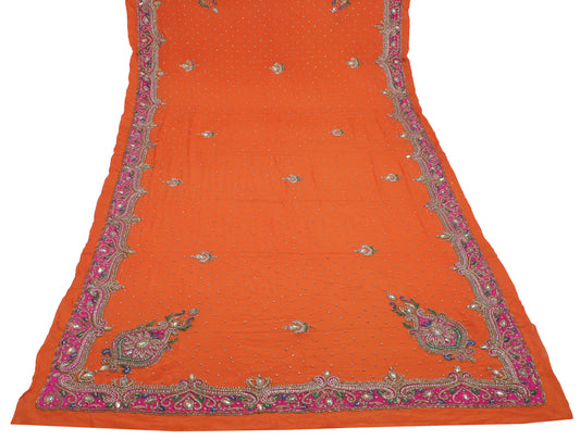 Sushila Vintage Orange Heavy Dupatta Pure Chiffon Silk Hand Beaded Long Stole