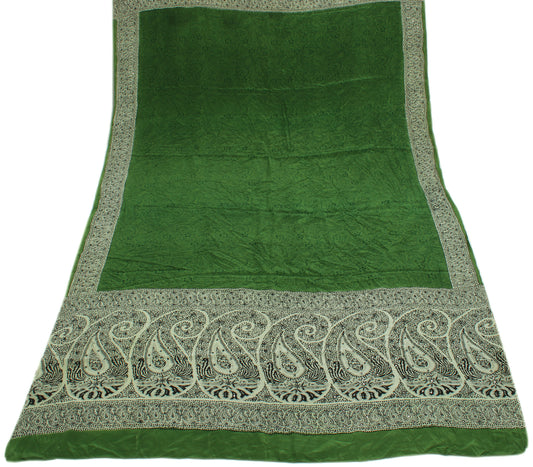 Sushila Vintage Dark Green Dupatta 100% Pure Crepe Silk Printed Long Stole Hijab