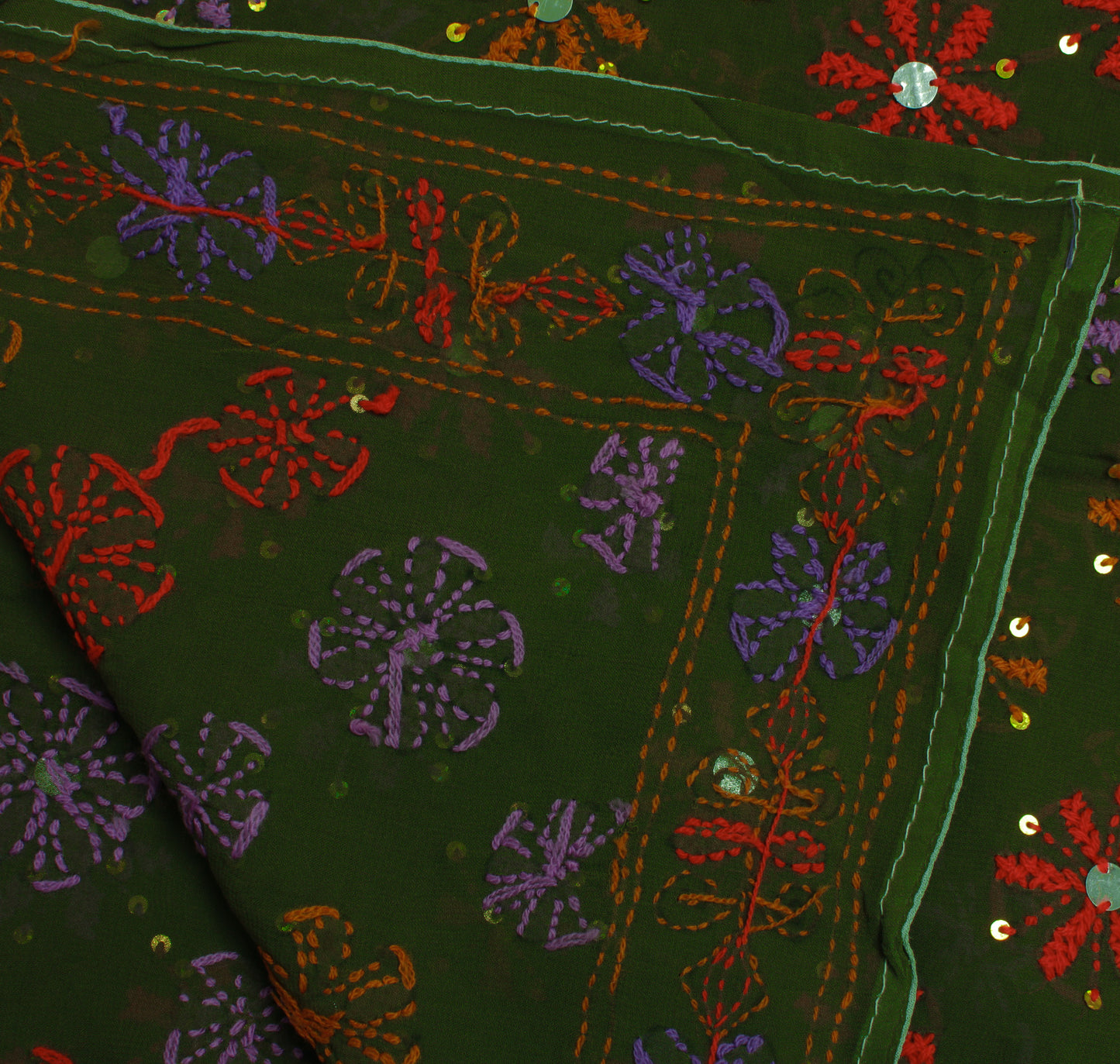 Sushila Vintage Green Dupatta Pure Georgette Phulkari Embroidered Long Stole