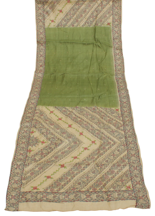 Sushila Vintage Green Indian Dupatta 100% Pure Silk Printed Long Stole Hijab