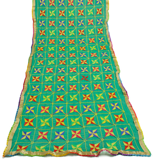 Sushila Vintage Green Dupatta Blend Chiffon Silk Phulkari Embroidered Long Stole