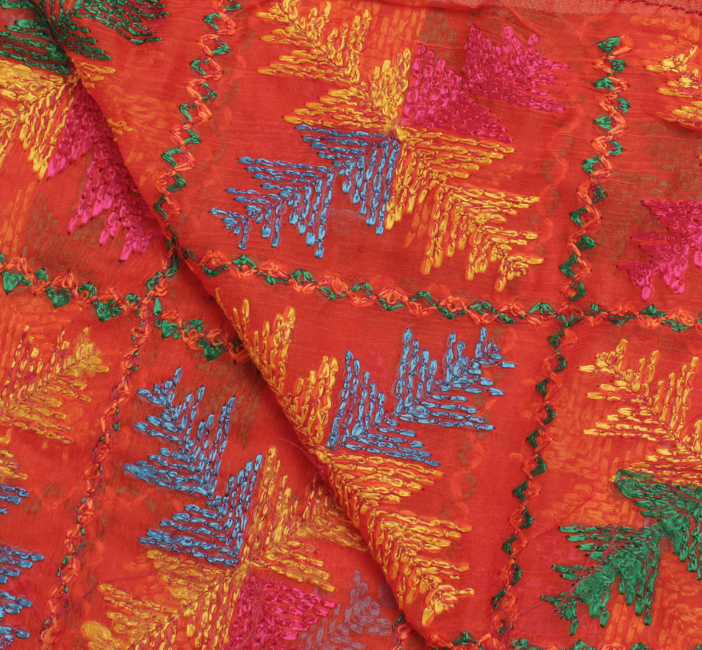 Sushila Vintage Orange Dupatta Blend Chiffon Phulkari Embroidered Long Stole