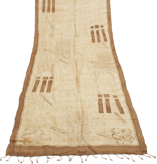 Sushila Vintage Cream Dupatta 100% Pure Silk Printed Long Stole Scarves Veil