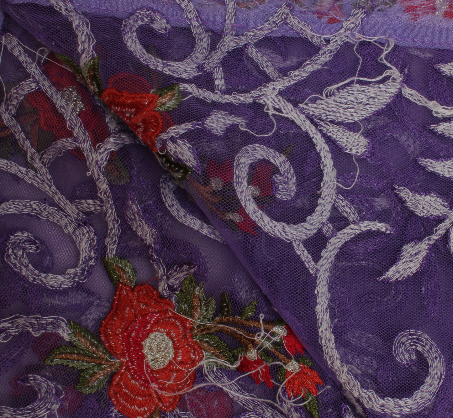 Sushila Vintage Purple Indian Dupatta Net Mesh Hand Embroidered Long Stole Veil