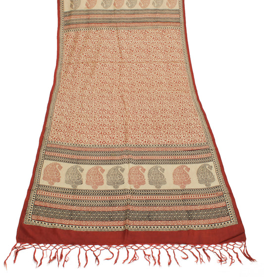 Sushila Vintage Cream Indian Dupatta 100% Pure Silk Printed Long Stole Scarves