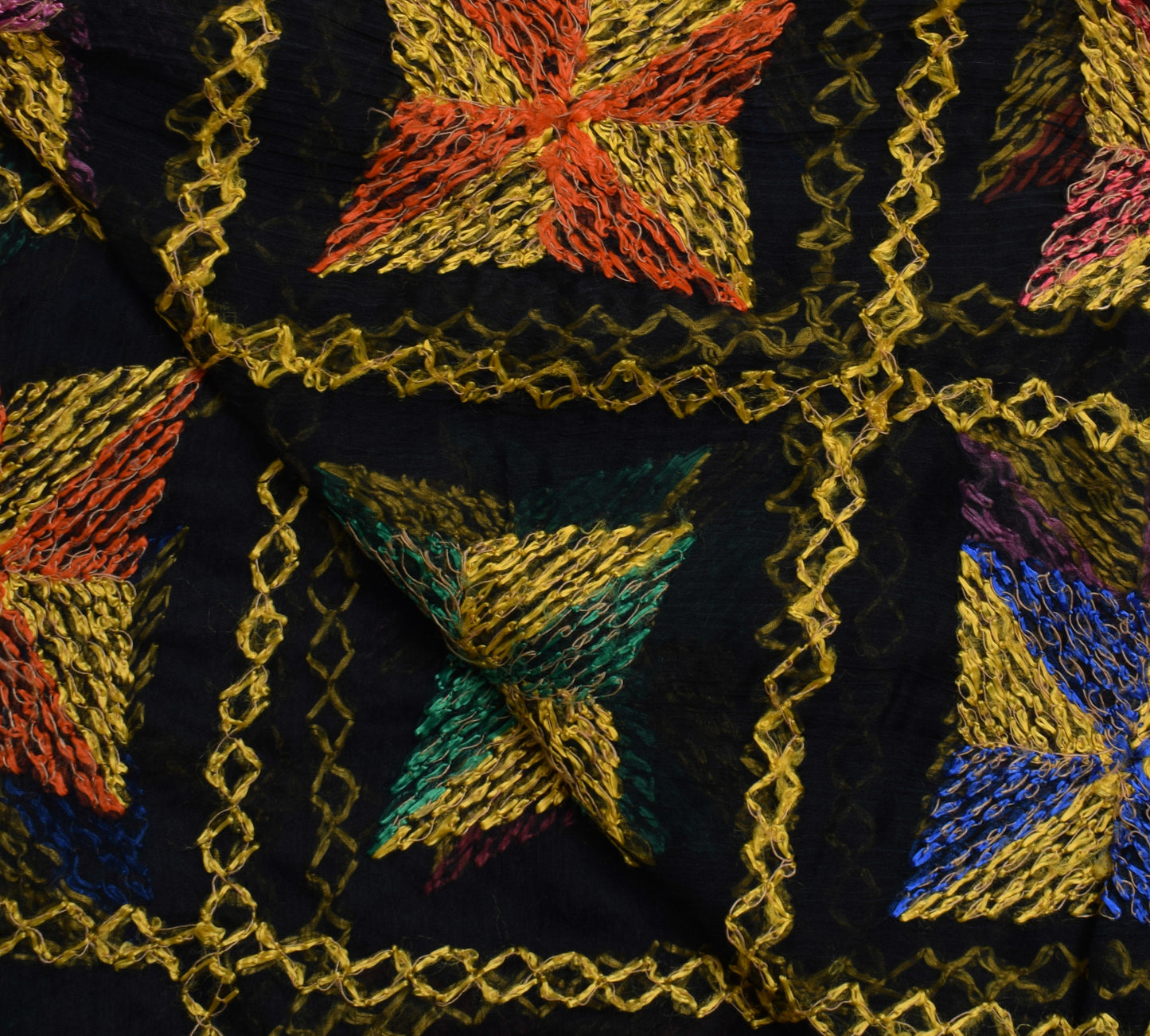 Sushila Vintage Black Dupatta Blend Chiffon Silk Phulkari Embroidered Long Stole