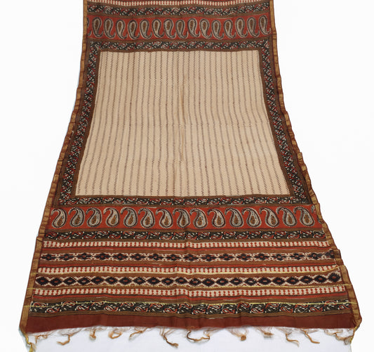 Sushila Vintage Light Brown Indian Dupatta Pure Cotton Printed Long Stole Hijab
