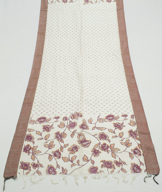 Sushila Vintage Indian Cream Dupatta 100% Pure Silk Printed Long Stole Hijab