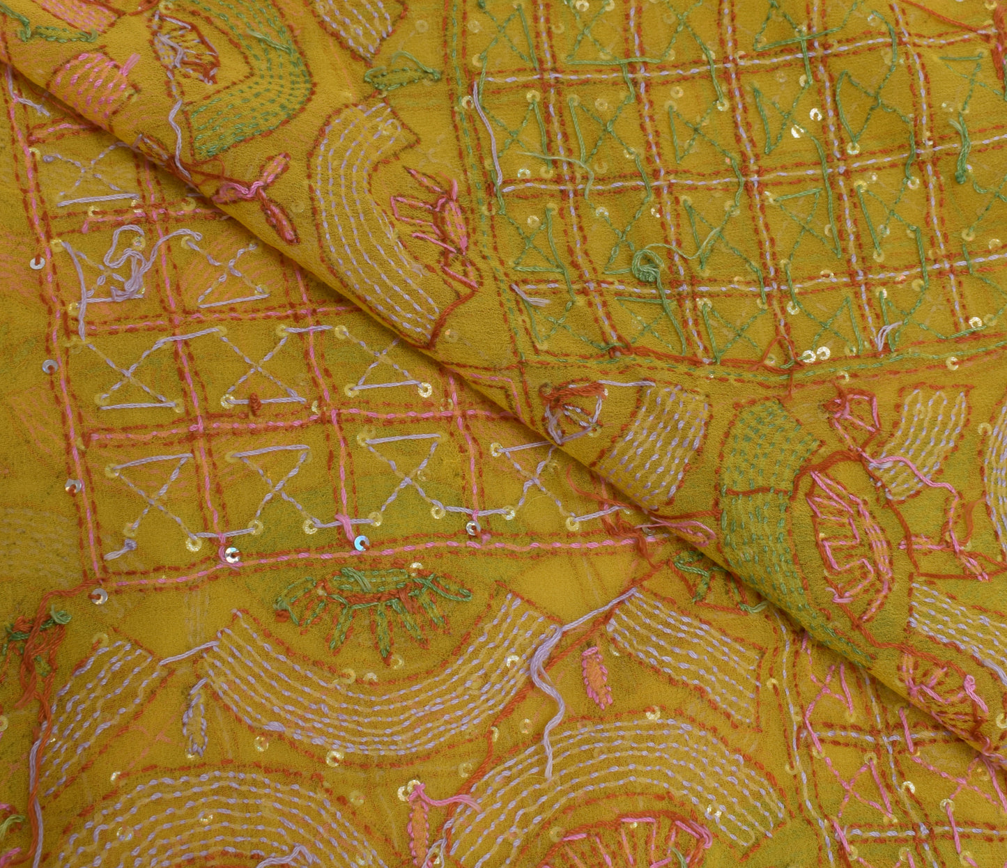 Sushila Vintage Yellow Dupatta Blend Georgette Silk Hand Embroidered Long Stole