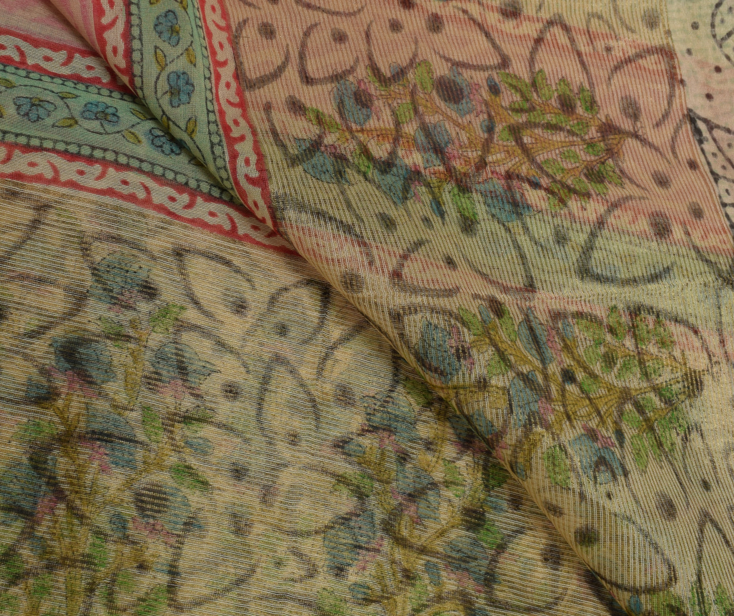 Sushila Vintage Indian Cream Dupatta 100% Pure Silk Printed Long Stole Veil