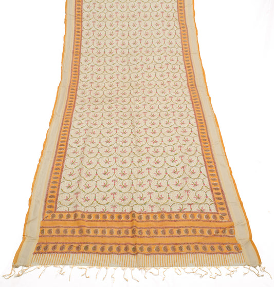 Sushila Vintage Indian Cream Dupatta 100% Pure Silk Printed Long Stole Scarves