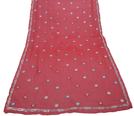 Sushila Vintage Red Dupatta Pure Georgette Silk Hand Beaded Long Stole Scarves