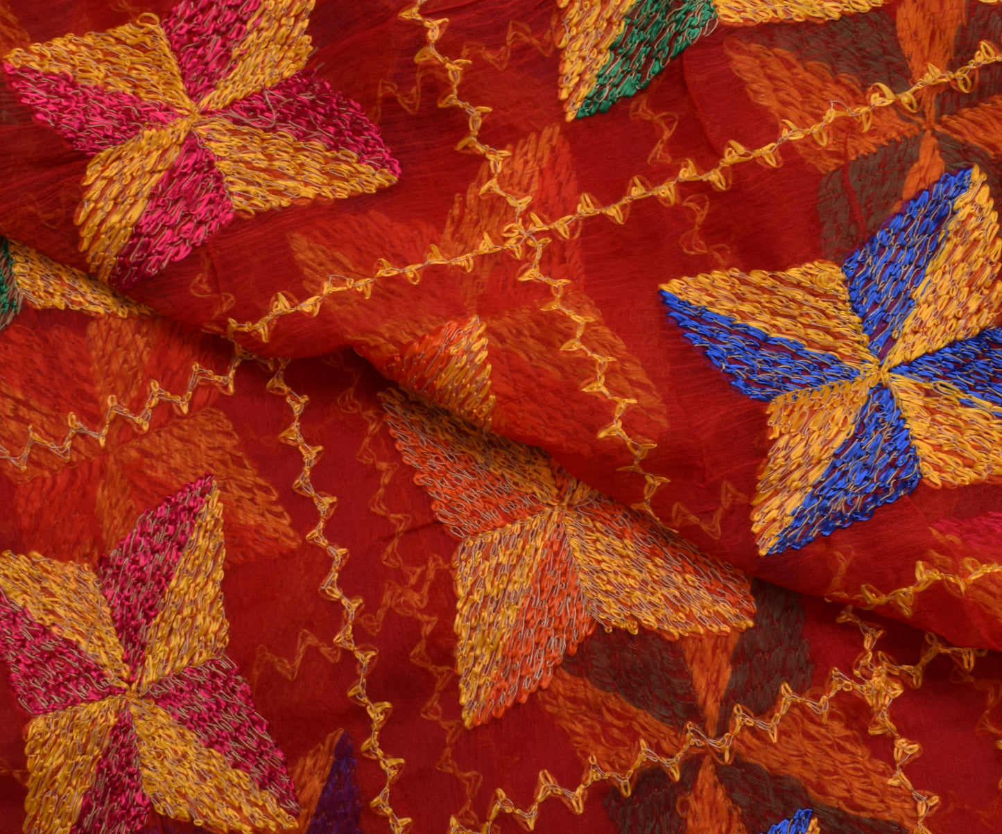 Sushila Vintage Red Dupatta Blend Chiffon Silk Phulkari Embroidered Long Stole