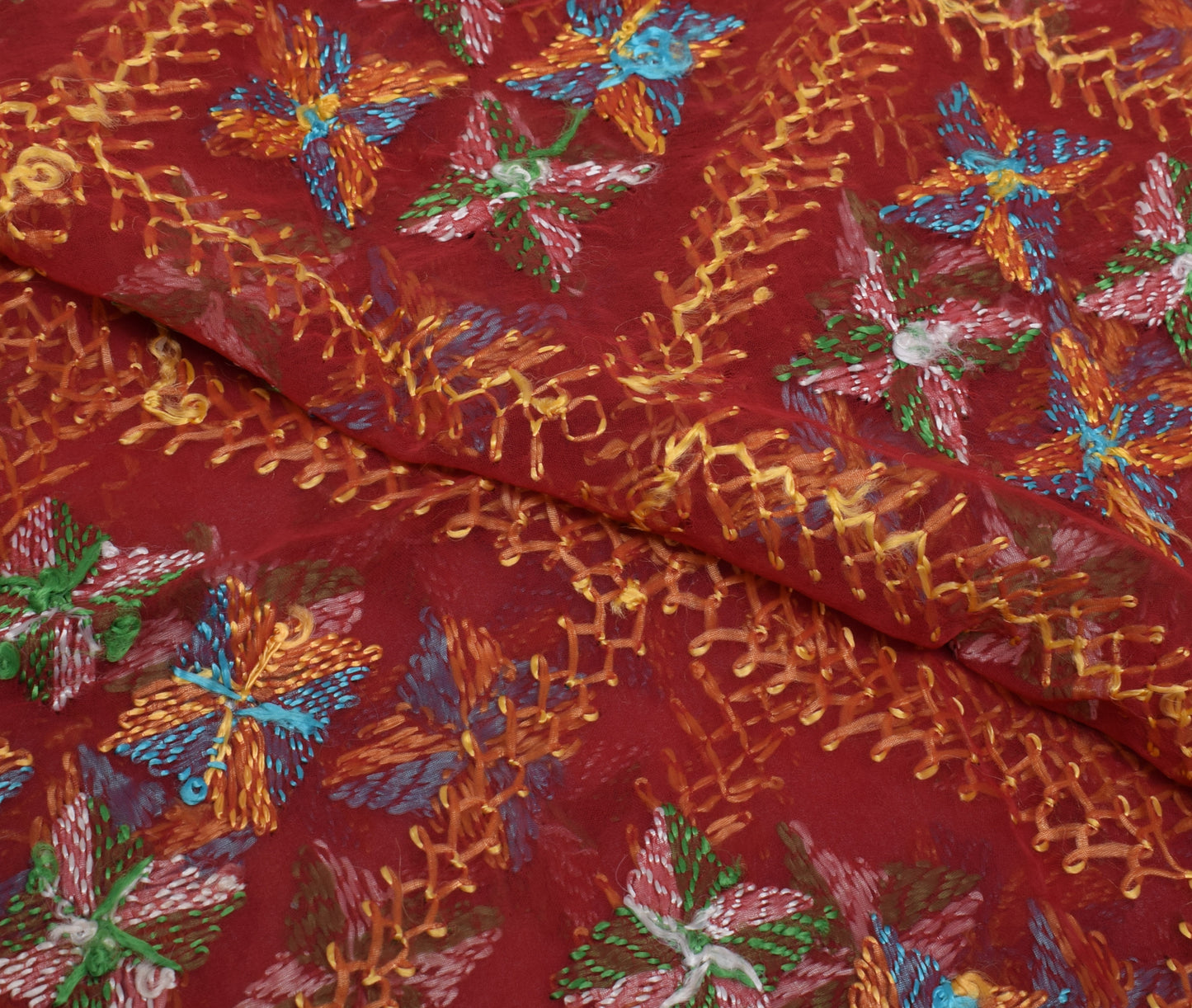 Sushila Vintage Maroon Dupatta Blend Chiffon Phulkari Embroidered Long Stole