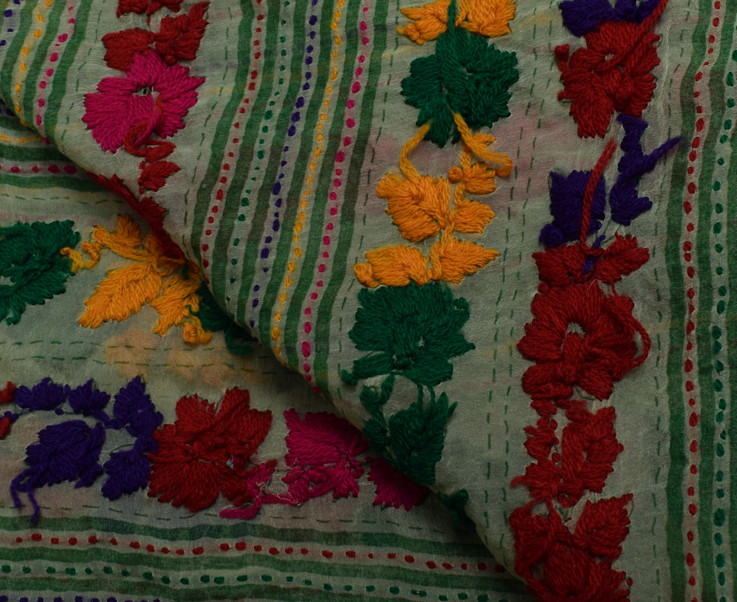 Sushila Vintage Green Dupatta Pure Chiffon Silk Hand Embroidered Long Stole Veil