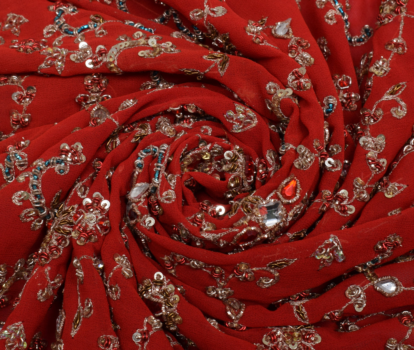 Sushila Vintage Red HEAVY Dupatta Blend Georgette Silk Hand Beaded Long Stole