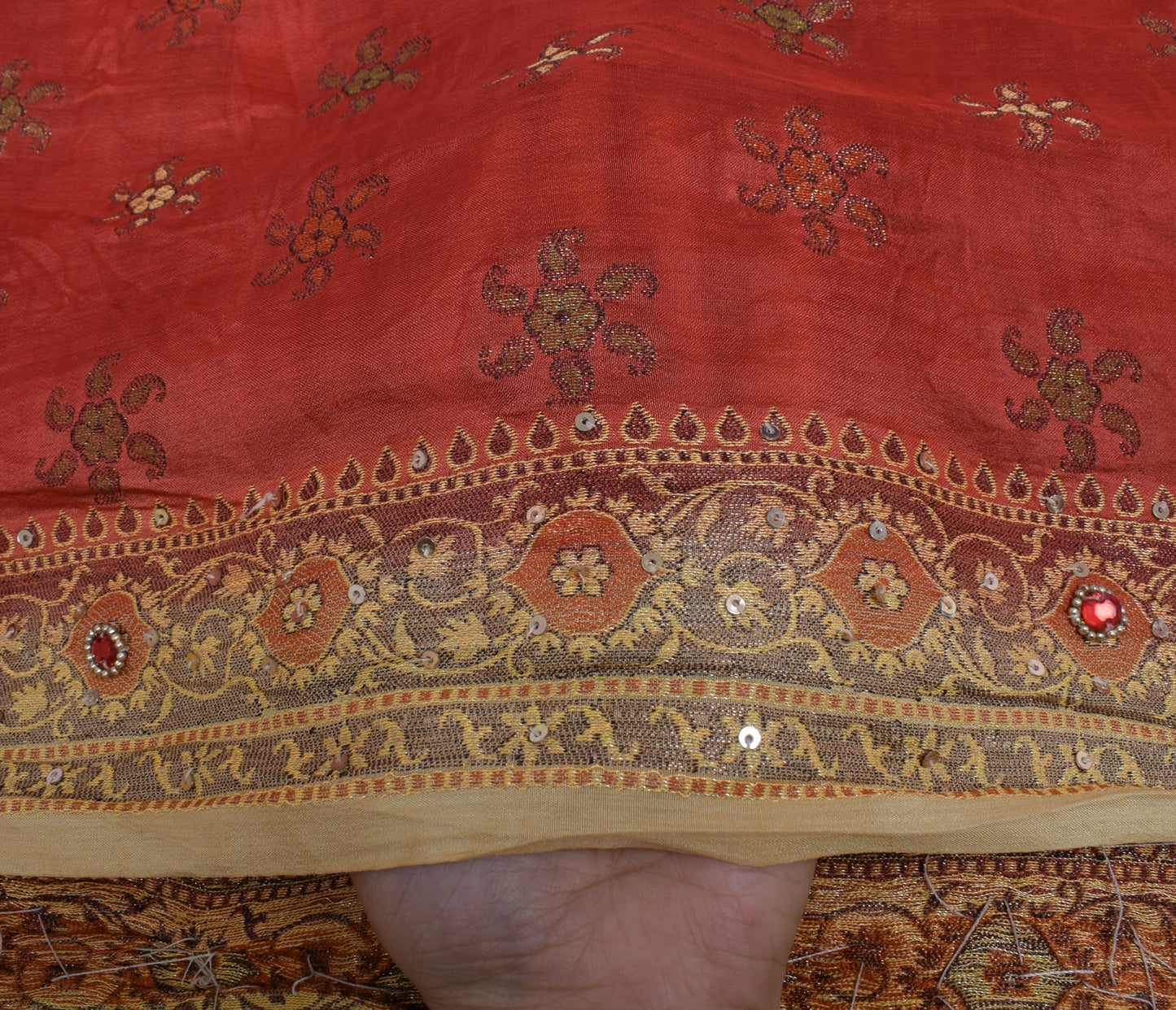 Sushila Vintage Red Dupatta 100% Pure Silk Hand Beaded Long Stole Veil Hijab