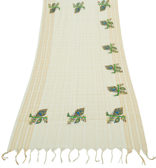 Sushila Vintage Cream Indian Dupatta Blend Cotton Woven & Printed Long Stole