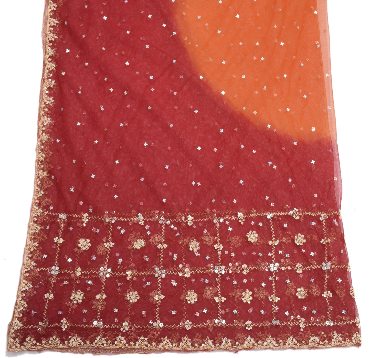 Sushila Vintage Orange Dupatta Net Mesh Hand Beaded Floral Long Stole Scarves