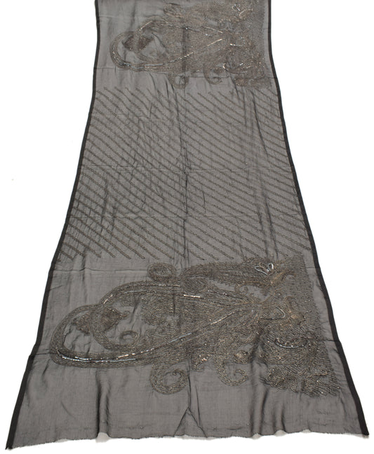 Sushila Vintage Black Dupatta Blend Chiffon Silk Hand Beaded Floral Long Stole