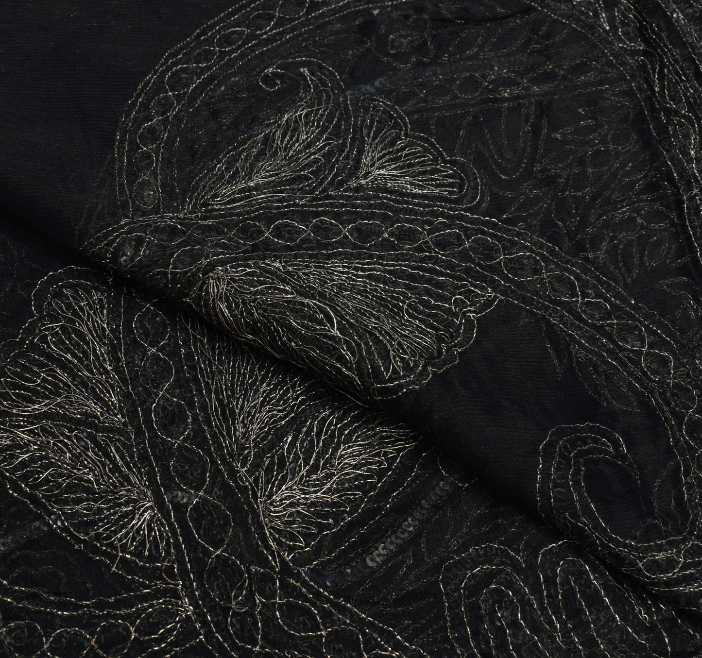 Sushila Vintage Black Dupatta Blend Chiffon Silk Hand Beaded Floral Long Stole