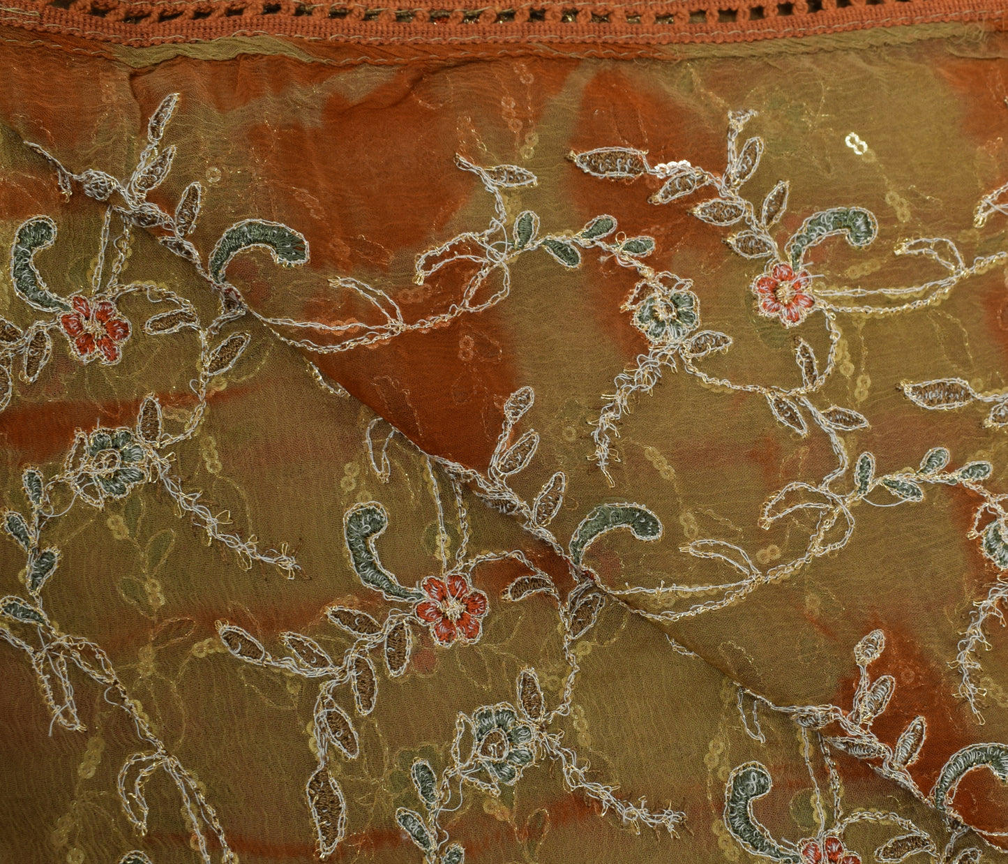 Sushila Vintage Brown Dupatta 100% Pure Chiffon Silk Embroidered Long Stole Wrap