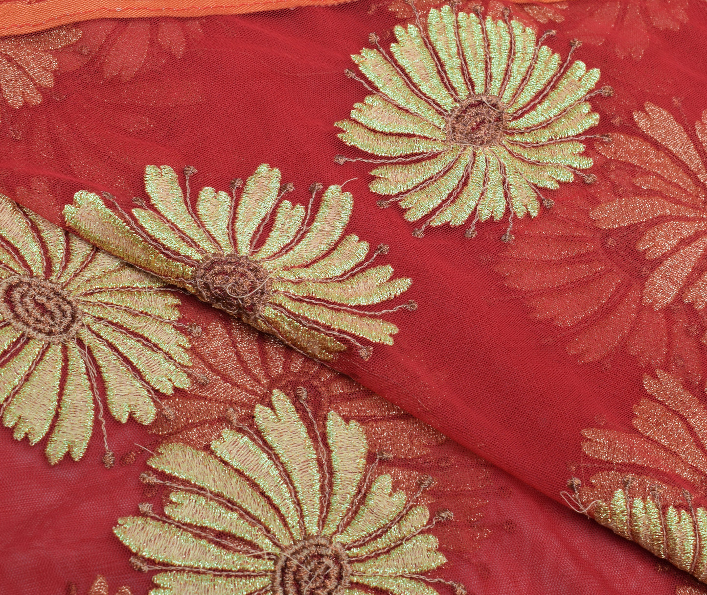 Sushila Vintage Red Dupatta Net Mesh Embroidered Floral Long Stole Wrap Veil