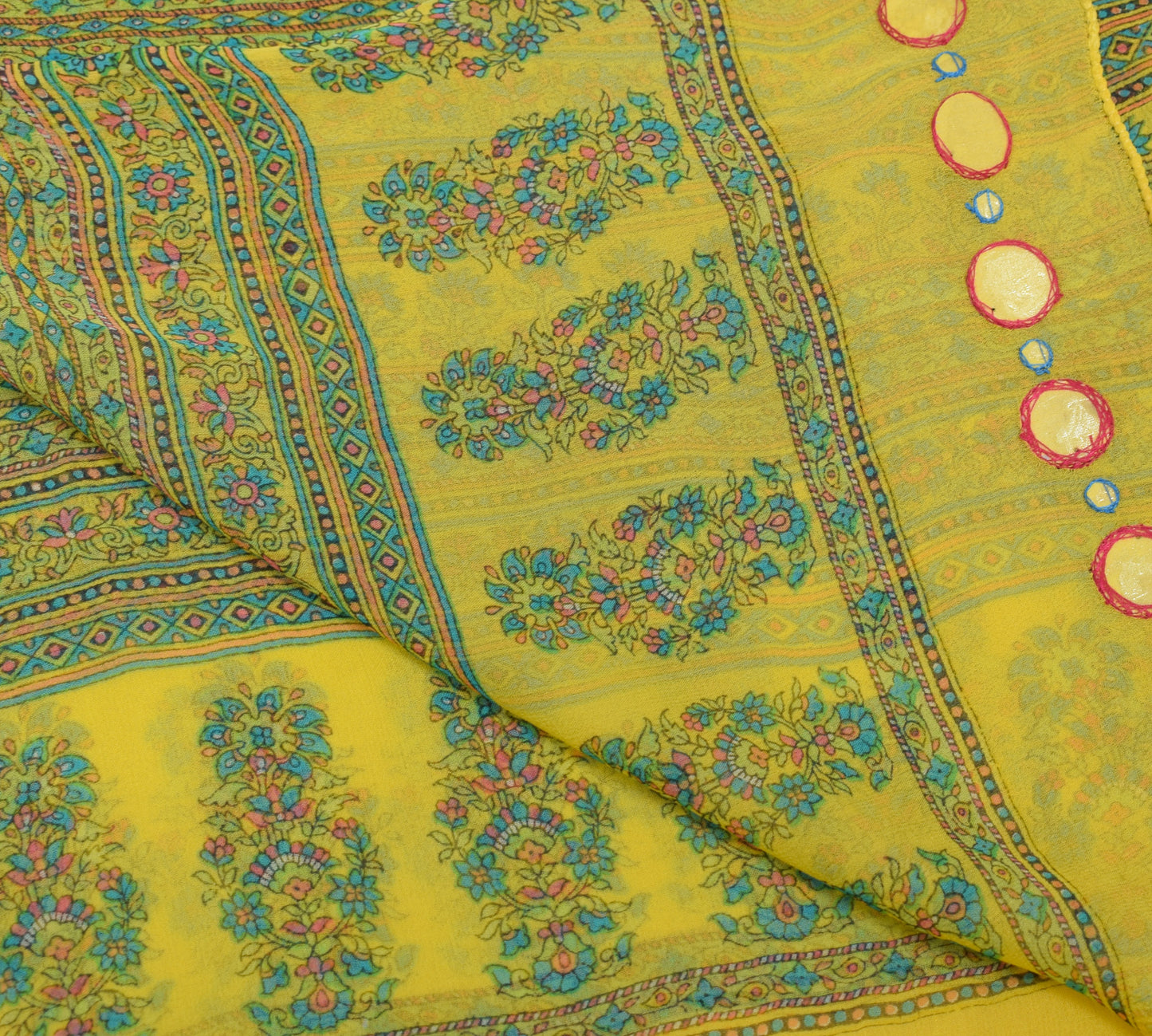 Sushila Vintage Yellow Dupatta 100%Pure Georgette Silk Printed Floral Long Stole