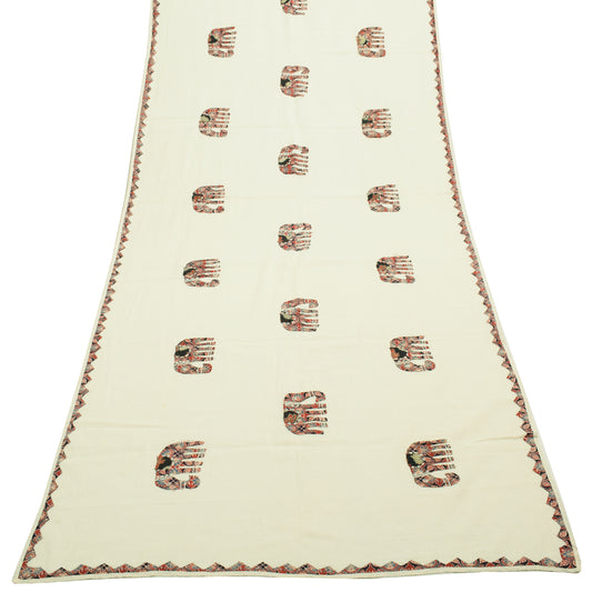 Sushila Vintage Cream Dupatta 100% Pure Cotton Applique Work Animals Long Stole