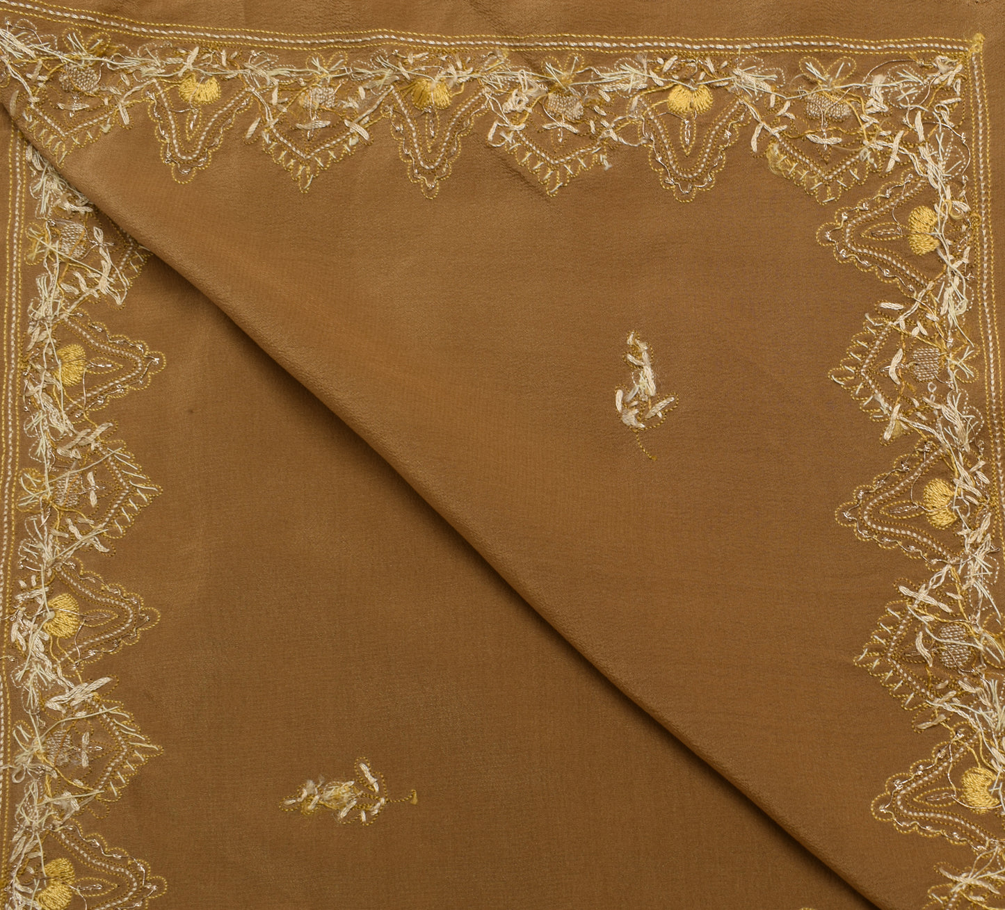 Sushila Vintage Brown Dupatta 100% Pure Crepe Silk Hand Beaded Floral Long Stole